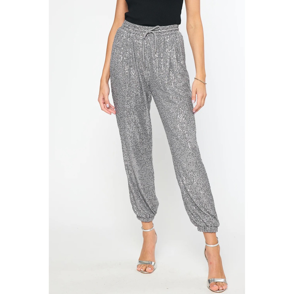 Ecru Sequin Jogger Pants Ankle Slit Elastic Waist Silver Gray‎ Party, Size S